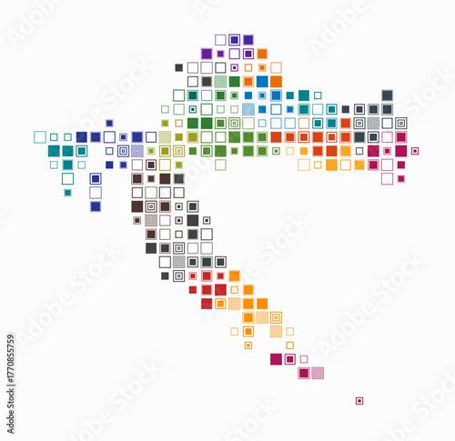 Croatia, shape of the country build of colored cells. Digital style map of the Croatia on white background. Large size square blocks. Creative vector illustration.