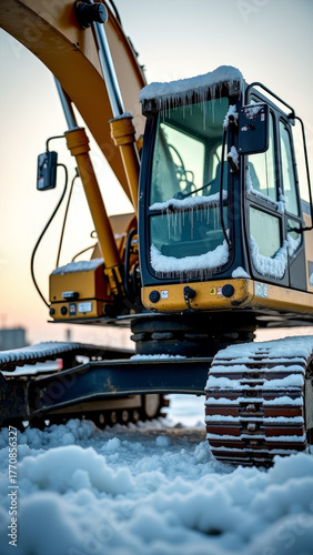 Macro photo of construction excavator cabin covered with ice and snow, frozen hydraulic arm details, industrial yard background, cold morning light