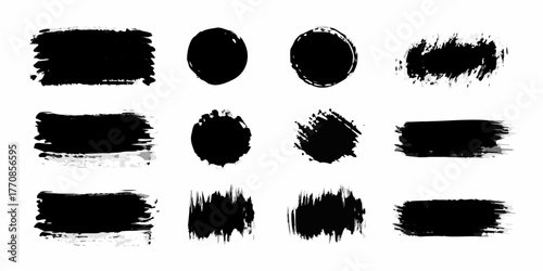 Collection of twelve black grunge brush stroke shapes and circles on a white background