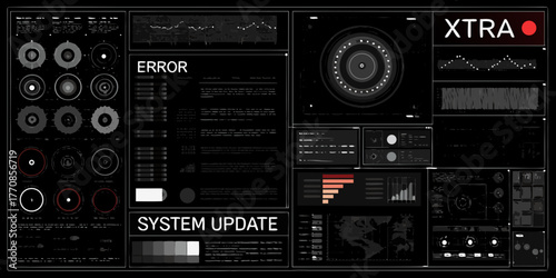 Futuristic digital interface displaying system status with error messages and system update notifications