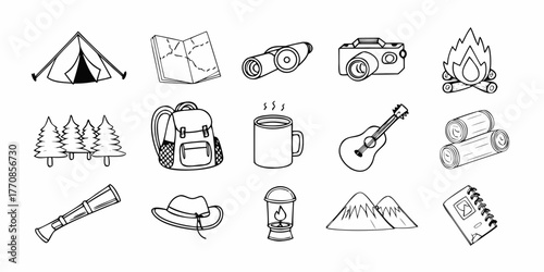 Collection of hand drawn camping and outdoor adventure icons in black and white line art style