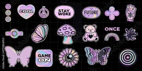 Collection of pastel aesthetic stickers featuring butterflies mushrooms teddy bears and inspirational text