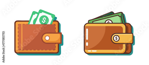 Color flat illustration in brown and green tones depicting leather wallets filled with dollar bills on a clear white background 