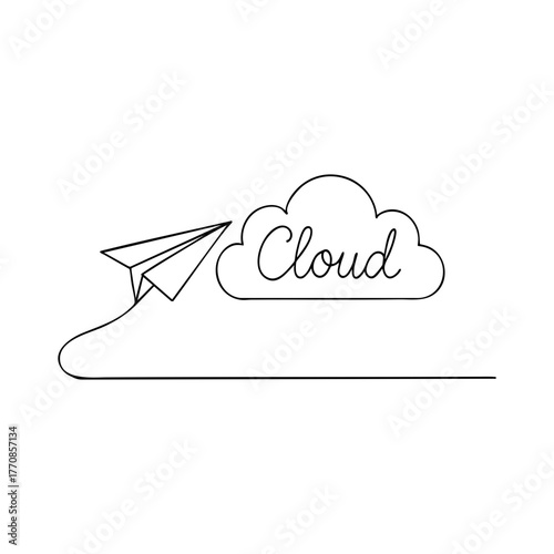 Minimalistic black-and-white linear illustration depicting a paper airplane flying into a cloud with the word "Cloud" written on it, symbolizing cloud computing and downloading