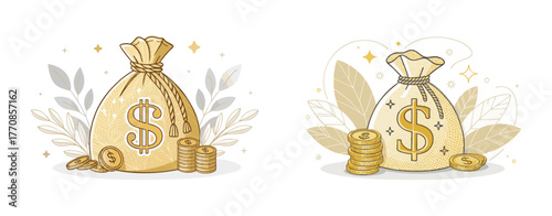 Elegant flat illustration in gold and beige tones depicting money bags with dollar signs and folded coins on a clear white background 