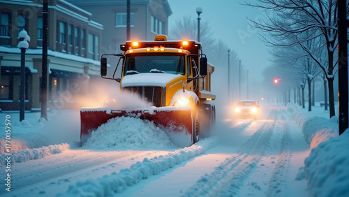 Cinematic wide shot of snow removal machine clearing street during heavy snowfall, headlights cutting through blizzard, cold blue tones, dramatic winter work scene