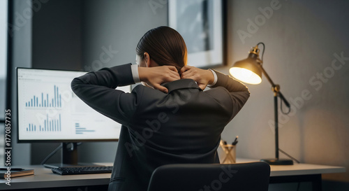 Stressed businesswoman at her desk experiencing neck pain. Could be used for articles about poor posture, office syndrome, and ergonomics in the workplace. 