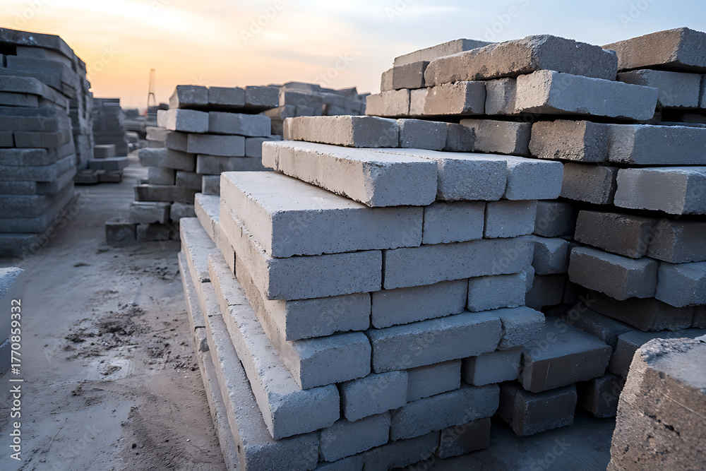 Obraz premium Stacks of pale gray building blocks are arranged outdoors, ready for construction. The sky at sunset glows faintly in the background, adding warmth to the industrial scene.