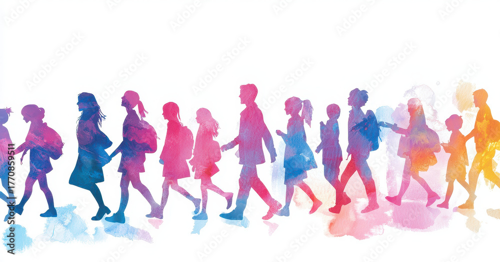 Obraz premium Colorful silhouettes of people walking in line, showcasing diversity and movement, with vibrant watercolor effect