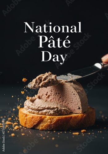 A slice of bread topped with a smooth layer of pâté. A knife spreads the pâté, showcasing its creamy texture. The background is dark, emphasizing the dish.