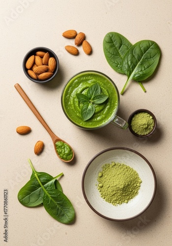 A green smoothie in a cup surrounded by spinach leaves, almond nuts, and matcha powder on a beige surface. Healthy eating concept.