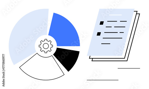 Pie chart with gear highlighting data visualization and process optimization next to organized documents. Ideal for business strategy, finance, reporting, analytics, efficiency, management, simple