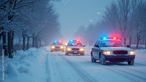 Police cars lined up under thick snow, blue and white palette, frozen siren lights, early morning light, cold winter duty atmosphere