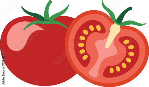Red tomatoes whole and sliced isolated vector. Fresh garden vegetable