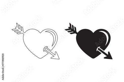 Heart pierced by arrow in outline and solid silhouette
