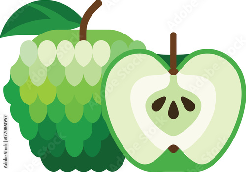 Sugar apple and green apple fruit isolated vector. Fresh food ingredient