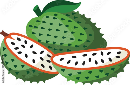 Soursop whole fruit and sliced pieces isolated. Custard apple fresh exotic tropical food