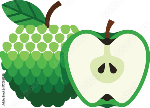 Sugar apple and sliced green apple fruit vector. Healthy food natural ingredient
