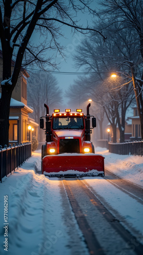 Artistic photo of small snowplow working on quiet residential street, glowing house lights and falling snow, cozy winter work scene, cinematic storytelling tone