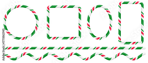 Set of candy cane borders in the shape of square, circle and oval. Vector Christmas candy frames. Striped candy lollipop pattern brush.