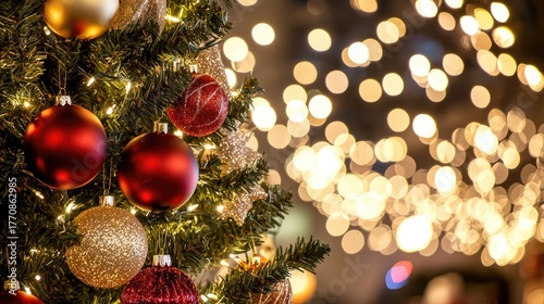 A beautiful Christmas tree is adorned with red and gold ornaments, glowing amidst soft, sparkling lights during the festive season