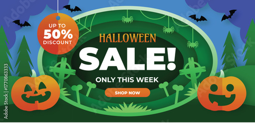paper style horizontal banner template halloween season design vector illustration