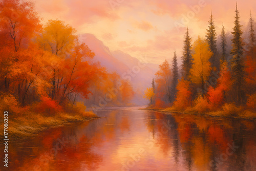 Autumn landscape with calm forest lake scene and colorful fall trees creating a cozy seasonal atmosphere in warm natural tones