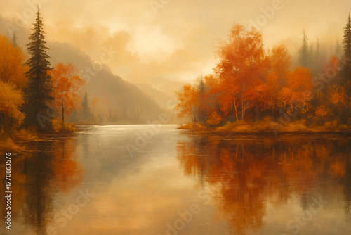 Autumn landscape with calm forest lake scene and colorful fall trees creating a cozy seasonal atmosphere in warm natural tones
