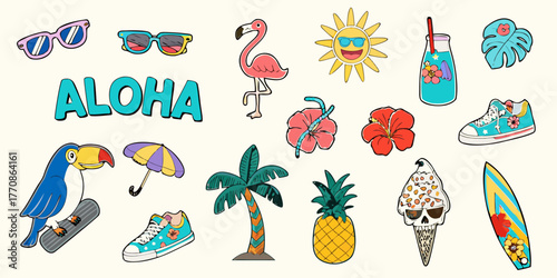 Fun and whimsical aloha summer vacation collection with tropical elements and beach vibes