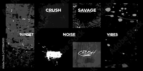Collection of abstract grunge textures and graphic elements with text overlays