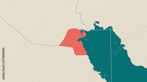 Kuwait map. Animated zoom into the country on the Globe in Teal Pale Mint color palette. Country logo animation. Map with meridians, parallels. Appealing video.