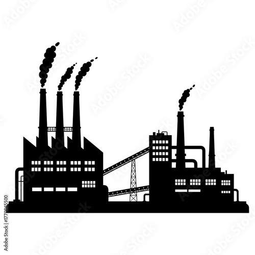 Industrial factory silhouette with smokestacks and pipelines  