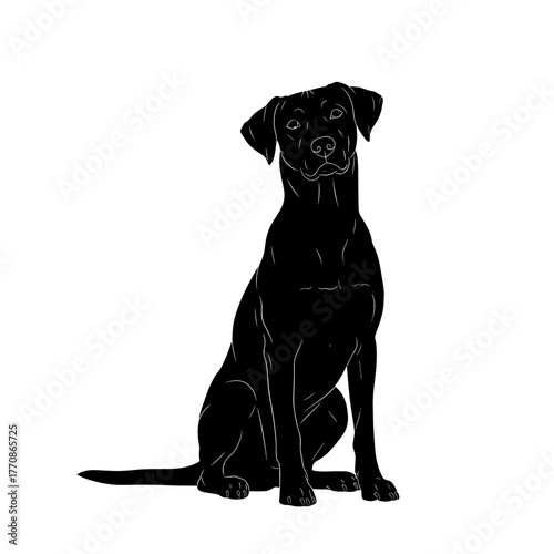 Black Labrador retriever sitting calmly in a minimalistic outline style  