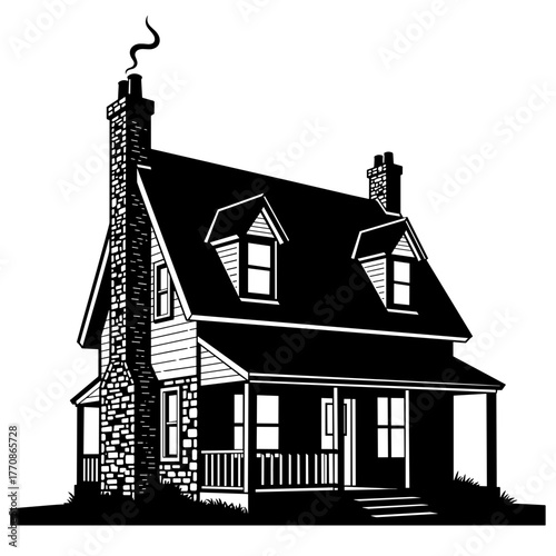 Classic black and white illustration of a cozy house with chimney  