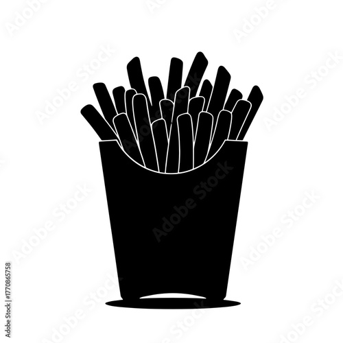 French fries in a black container on white background  