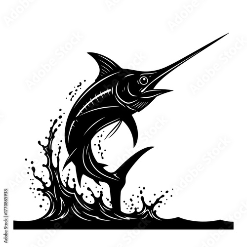 Black and white illustration of a jumping marlin in water  