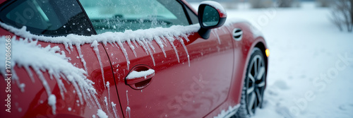 Cinematic shot of frozen car door sealed with thick ice and hanging icicles, condensation on windows, overcast cold light, realistic winter struggle scene