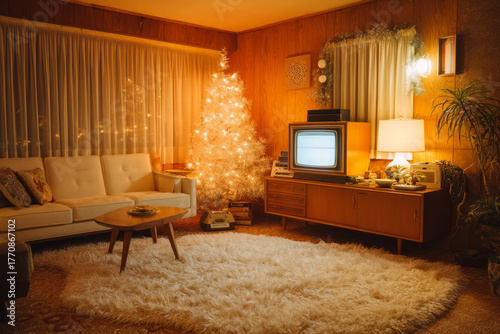 Midcentury style living room with vintage television, white Christmas tree, and warm lighting