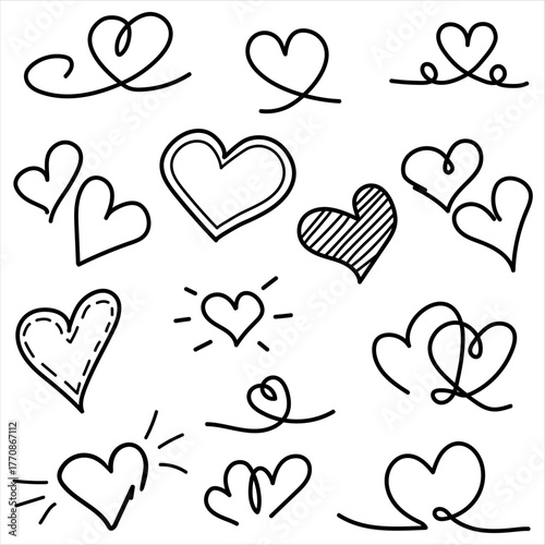 Set of Heart doodles, decorative hearts line art set, heart illustration border, love symbol collection, isolated on white.
