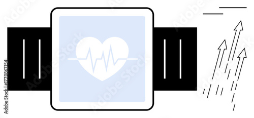 Wearable smartwatch with heart rate monitor and pulse graph, surrounded by rising arrows symbolizing progress. Ideal for fitness, health tracking, technology, growth, achievement, wellness