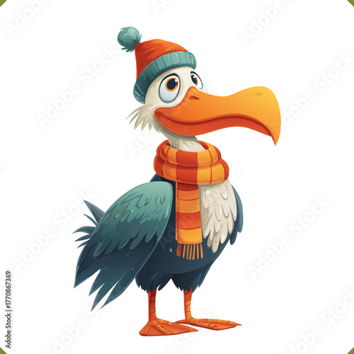 Vector illustration of a smiling albatross wearing an hat and scarf, isolated on a white background
