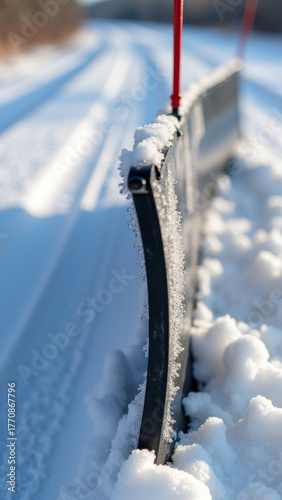 Close up of snowplow blade covered in ice, frost crystals on metal edge, snow residue, shallow depth of field, natural daylight, concept of winter road maintenance