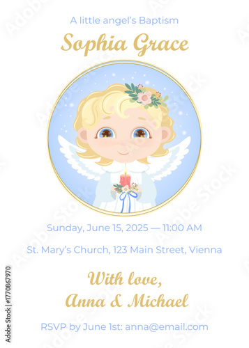 Invitation to a child's baptism with an angel