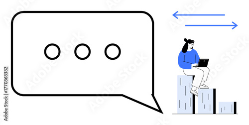 Minimalist design of a woman using laptop on bar chart, large speech bubble, two-way arrows. Ideal for communication, messaging, data analysis, teamwork, growth, digital strategy simple flat