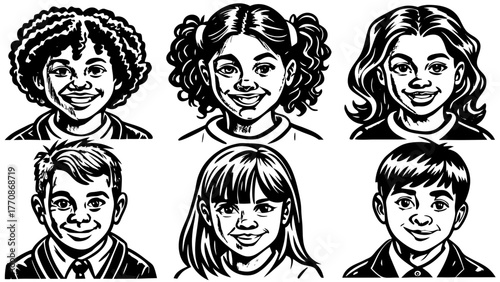 Very beautiful set of 6 avatars in grid layout, hand-drawn with fine black ink like a rapidograph pen, showing cheerful children and early teens aged 5–15, boys and girls with playful expressions, 
