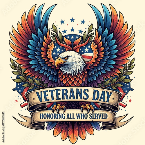 Veterans Day Patriotic Eagle Design with American Flag and Banner