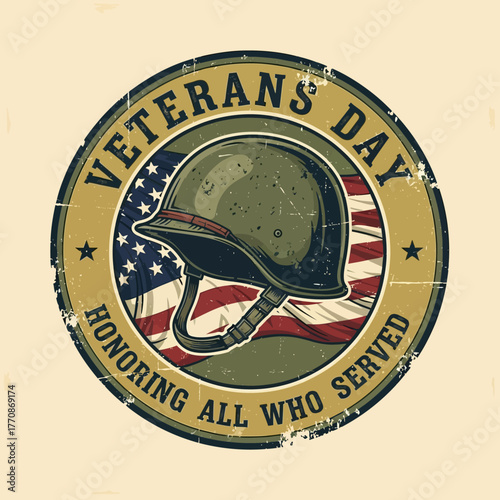 Veterans Day Badge with Helmet and American Flag, Honoring Service Members