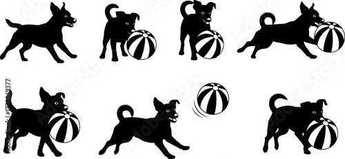 Playful Dog Silhouette Set with Ball Interaction Poses for Pet Activity, Animal Motion, and Canine Behavior Vector Illustration