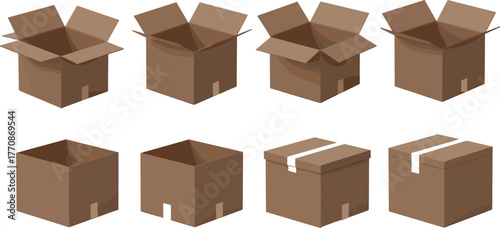 Set of Cardboard Boxes in Various Open and Closed States for Packaging, Shipping, Delivery, Storage, and Logistics Design Concepts