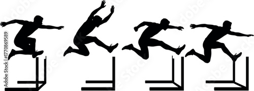 Silhouette athlete jumping over hurdles in motion sequence showing approach, takeoff, clearance, and landing for sports training concept